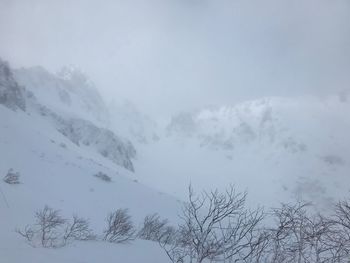 Scenic view of snow covered mountains against sky