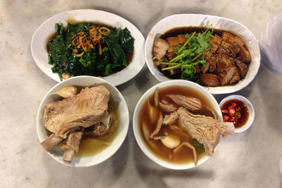 High angle view of soup in bowl on table