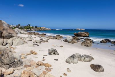 Scenic view of beach against clear blue sky