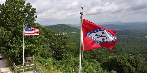 Red flag sign by trees against sky