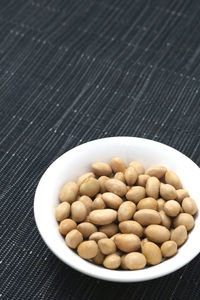 High angle view of eggs in bowl on table