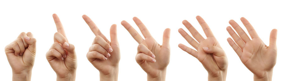 Close-up of hands over white background