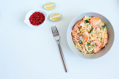 High angle view of breakfast served on table