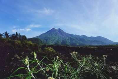 Scenic view of mountains against blue sky