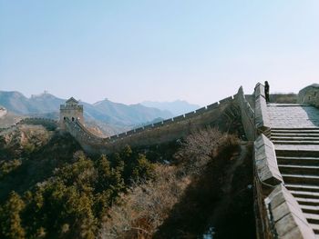 Panoramic view of mountain range against clear sky