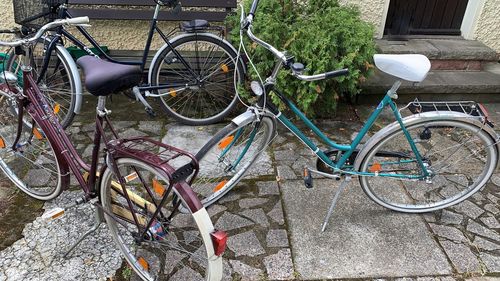 Bicycles parked on footpath