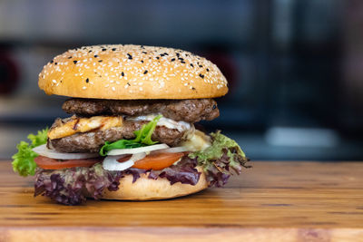 Close-up of burger on table