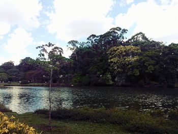 Scenic view of lake against cloudy sky