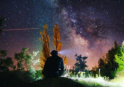 Rear view of silhouette man against trees at night