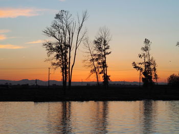 Silhouette trees by lake against sky during sunset