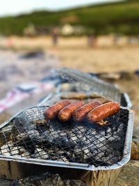 Close-up of meat on barbecue grill