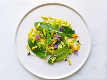 Directly above shot of chopped vegetables in plate on table