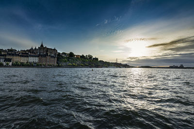 Stockholm, sweden. september 2019. a panoramic view at sunset of the city from the sea