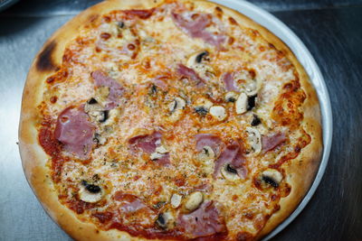 High angle view of pizza on table