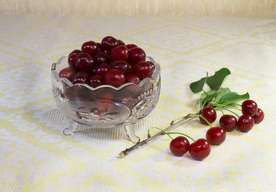 High angle view of strawberries on table