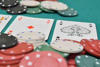 Gambling chips with cards on table