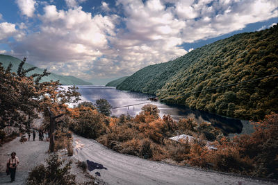 Road by trees against sky during winter