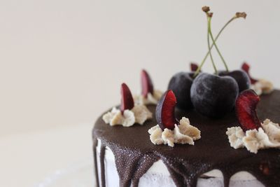 Close-up of cake on plate against white background