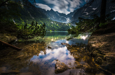 Scenic view of lake against cloudy sky