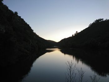 Scenic view of lake against sky at sunset