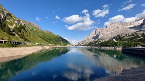 Panoramic view of lake and mountains against sky