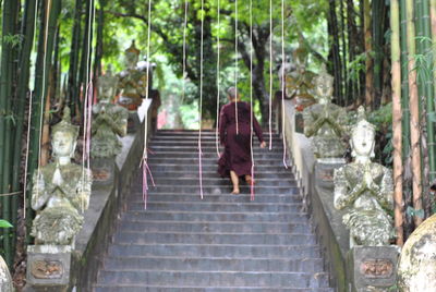 Rear view of people walking on staircase