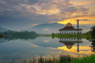 Scenic view of lake against sky during sunset