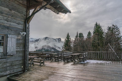 Pier amidst trees against sky