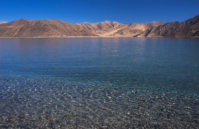 Scenic view of sea and mountains against clear blue sky