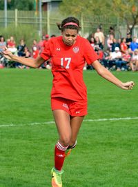 Portrait of smiling young woman in soccer field