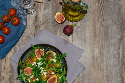High angle view of fruits served on table