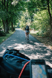 Rear view of man riding bicycle on road