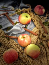 High angle view of apples in basket on table