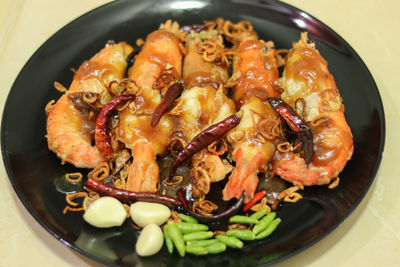 High angle view of noodles in bowl on table