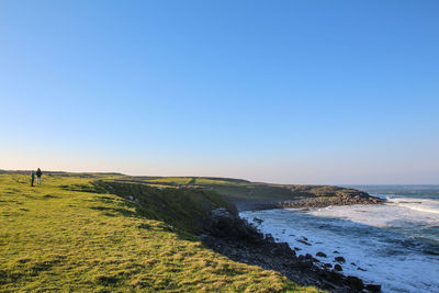 Scenic view of sea against clear blue sky