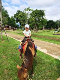Girl riding horse on field