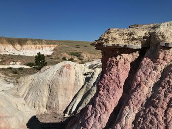 Panoramic view of rock formations against clear blue sky