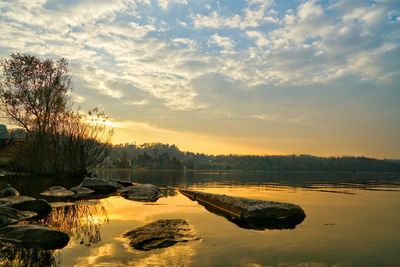 Scenic view of lake against sky during sunset