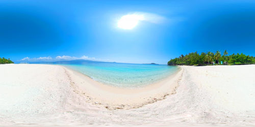 Tropical island with sand beach, palm trees by atoll with coral reef. 360 vr. philippines. 