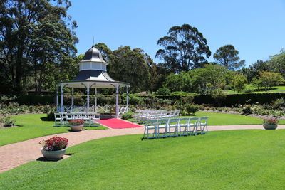 Gazebo in park against sky