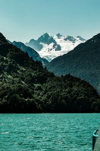 Scenic view of sea and mountains against sky