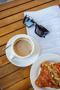 High angle view of coffee on table