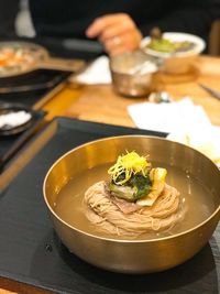 High angle view of food in plate on table