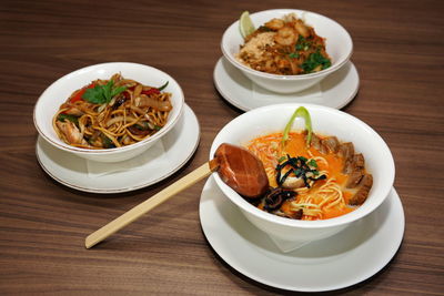 High angle view of food served on table