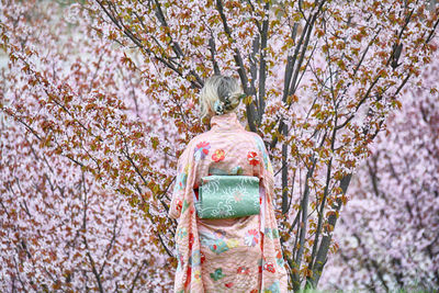 Rear view of woman on cherry blossom tree