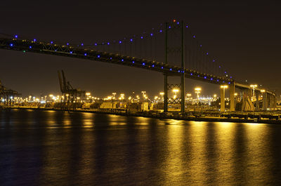 Illuminated bridge over river against sky at night