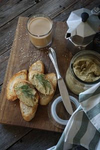 High angle view of breakfast on table