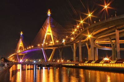 Illuminated bridge over river at night