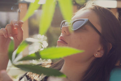 Close-up of woman holding marijuana joint by plant