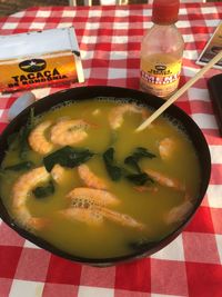 High angle view of soup in bowl on table